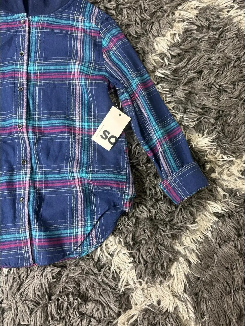 SO Goods For Life Plaid Flannel Shirt Girls Size Small 7 Blue Hooded Button Up